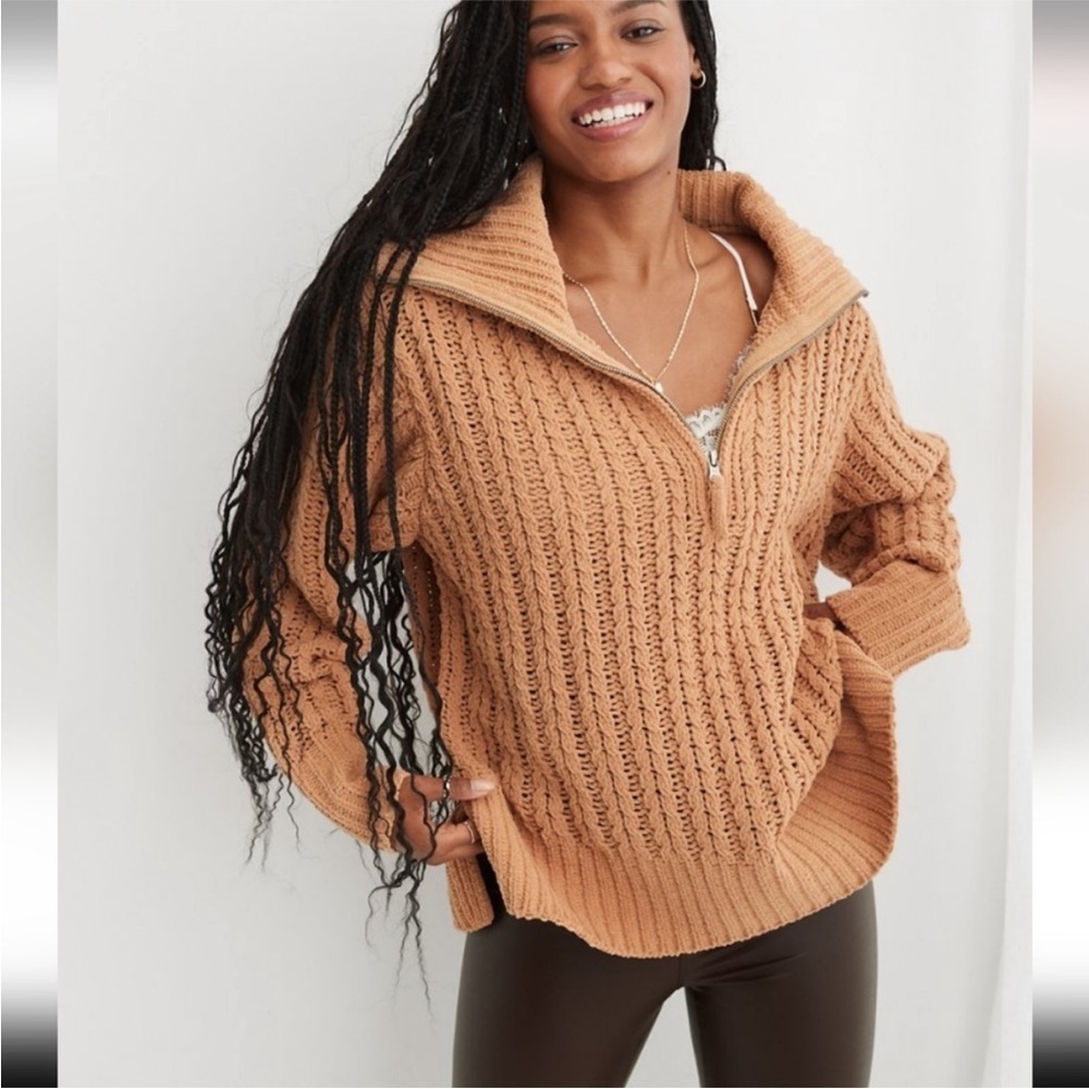 ▶️ Aerie ◀️ Oversized Cable Knit Quarter Zip Sweater Camel Brown Size Medium - Picture 2 of 12